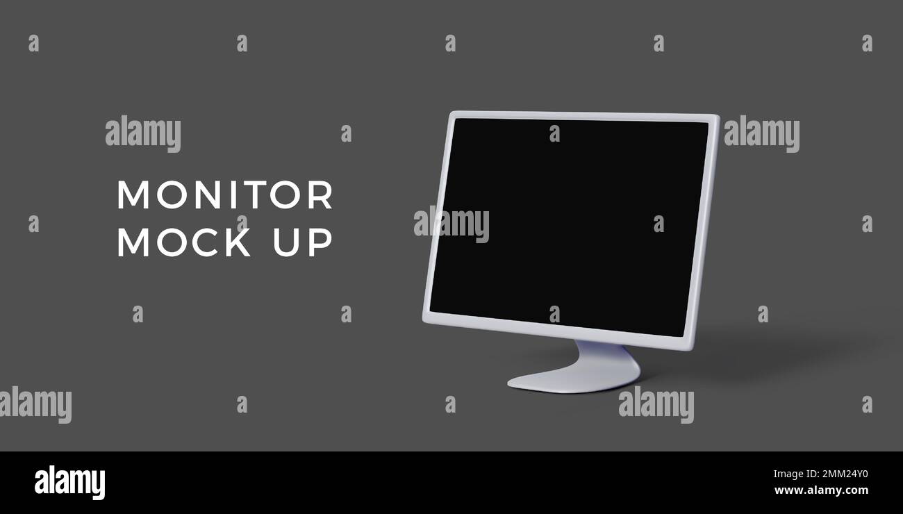 Maquette de moniteur PC en 3D. Écran d'ordinateur avec écran noir. Modèle de gadget moderne pour bannières. Illustration vectorielle Illustration de Vecteur