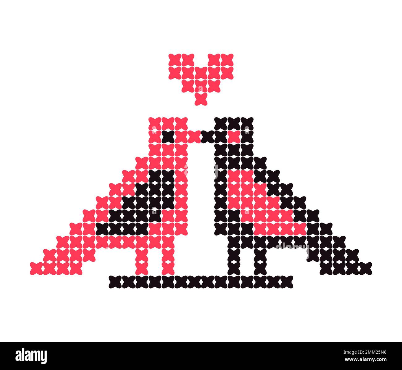 Dragobete, tradition roumaine de la Saint-Valentin. Motif point de croix représentant un couple d'oiseaux rouges et noirs avec cœur. Illustration vectorielle. Illustration de Vecteur