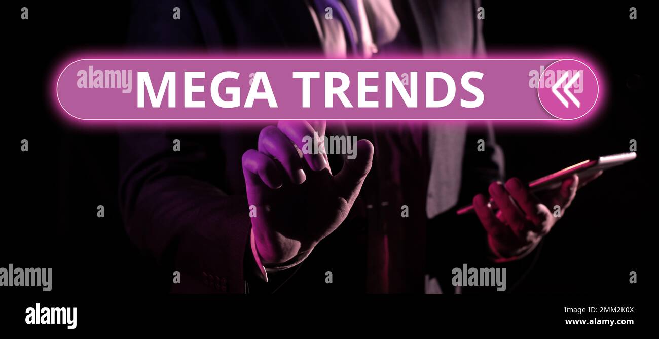 Légende présentant Mega Trends. Approche commerciale des phénomènes puissants qui ont un impact sur les fondations de notre monde Banque D'Images