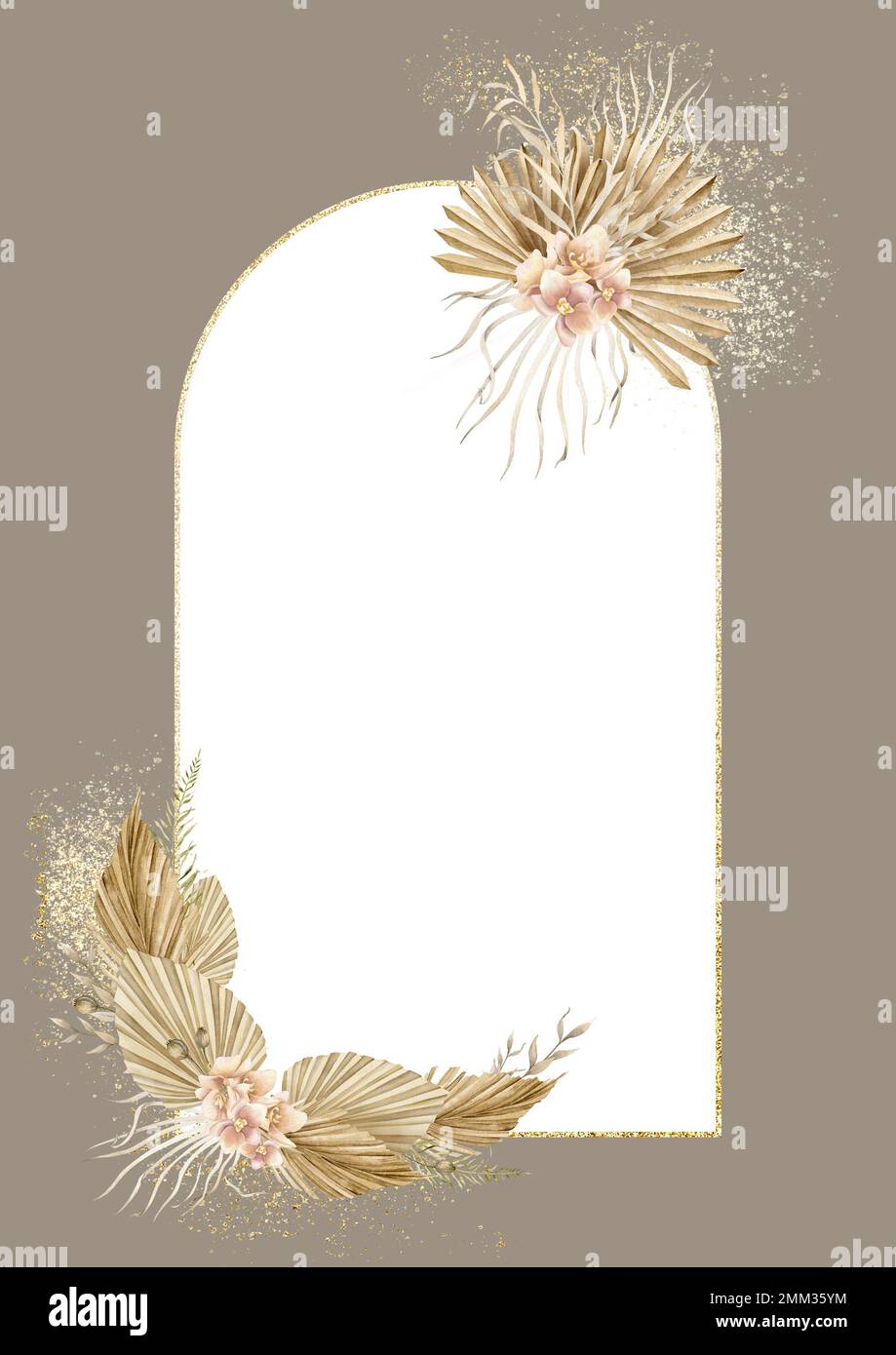 Modèle de style Boho avec feuilles de palmier tropicales sèches pour les invitations de mariage ou les cartes de vœux. Illustration de l'aquarelle dessinée à la main avec des plantes exotiques bohème et cadre doré sur fond isolé. Banque D'Images