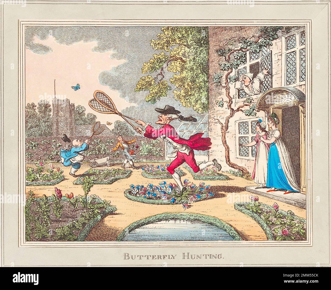 Thomas Rowlandson - chasse aux papillons - deux messieurs détritus le jardin à la recherche de papillons. Le jardinier outragé exprime sa désapprobation 1806 Banque D'Images