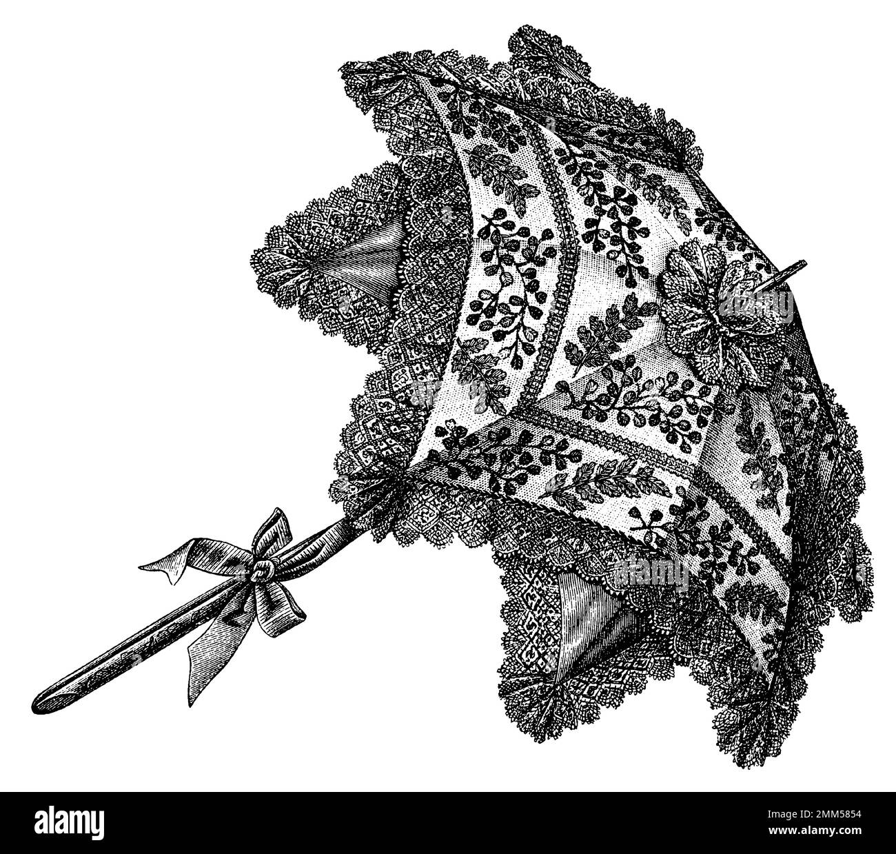 Illustration du 19th siècle d'un parapluie victorien (isolé sur blanc). Publié dans Systematischer Bilder-Atlas zum conversations-Lexikon, Ikonographi Banque D'Images