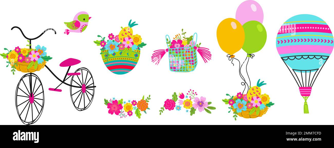 Eléments des vacances d'été du printemps. Bouquets fleuris en paniers, vélo rétro avec fleurs et ballons. Ballon d'air chaud isolé, oiseau. Romantique Illustration de Vecteur
