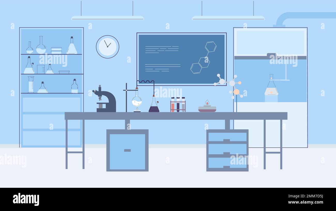 Intérieur du laboratoire. Salle de recherche médicale, laboratoire de pharmacologie ou de pharmacie avec équipement. Illustration en intérieur d'un hôpital vectoriel ou d'une université scientifique Illustration de Vecteur