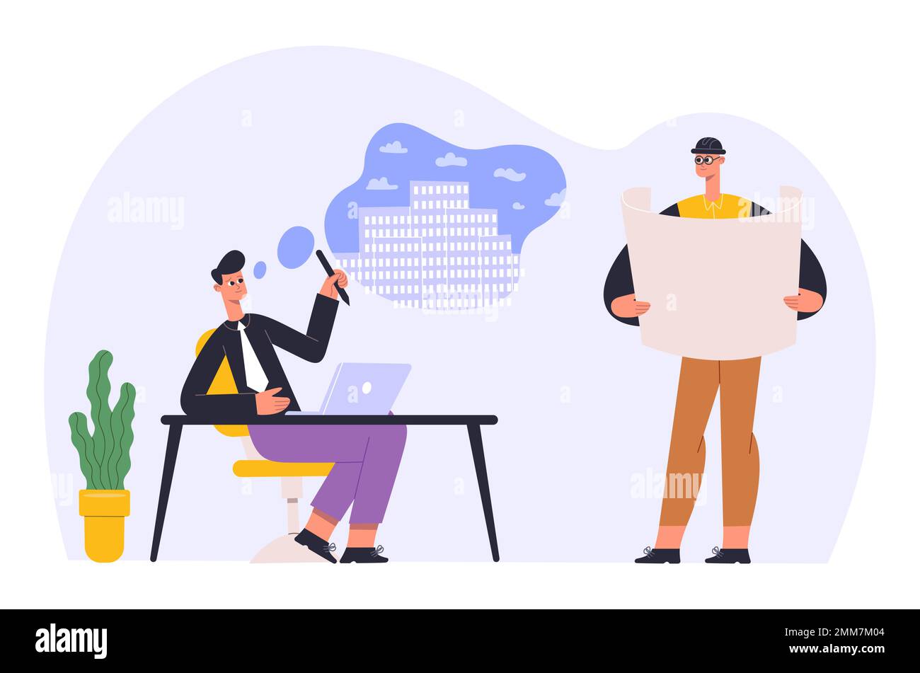 Métier d'architecte. Homme assis au bureau avec un ordinateur portable et à la conception de bloc d'appartements. Personnage de collègue Illustration de Vecteur