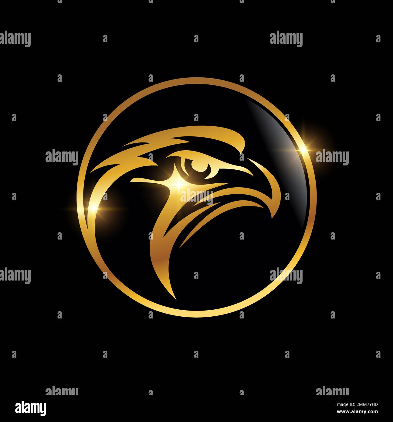 Illustration vectorielle d'Eagle Head en logo Golden Circle sur fond noir avec effet brillant doré Illustration de Vecteur