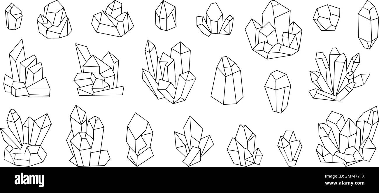 Ligne minéraux cristaux, pierres précieuses, bijoux diamants. Pierre de mineur, modèle de tatouage quartz de cristal. Collection minérale, ensemble de joyaux vecteur décent Illustration de Vecteur