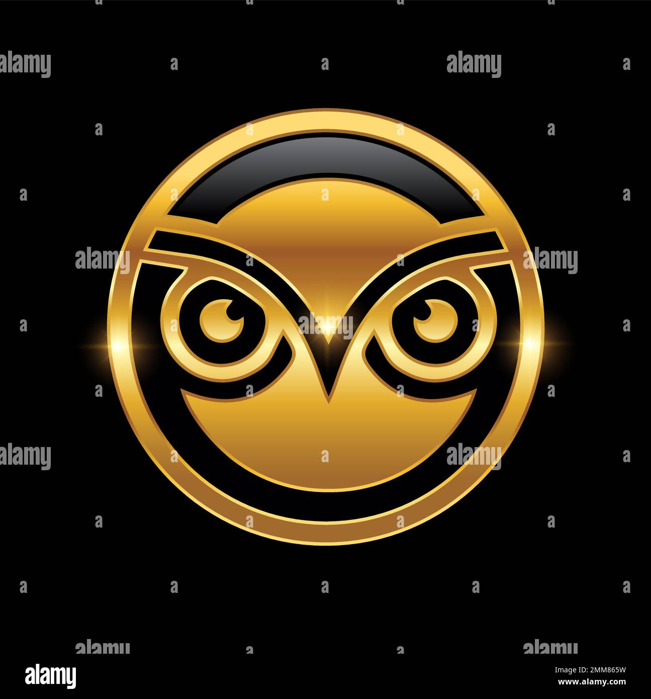 Illustration vectorielle du logo symbole Golden Owl Head sur fond noir avec effet brillant doré Illustration de Vecteur