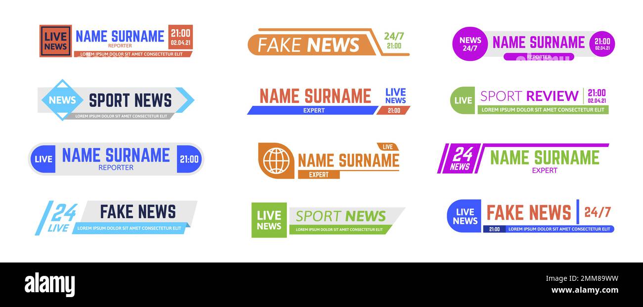 Barres d'actualités TV, actualités diffusant des bannières de troisième partie. Modèles pour le montage vidéo et le texte. Chaînes d'information et de sport Illustration de Vecteur