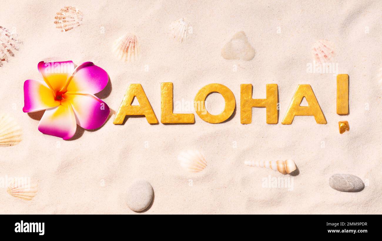 Aloha ! - Salutation en langue hawaïenne par des lettres d'or sur du sable blanc Banque D'Images