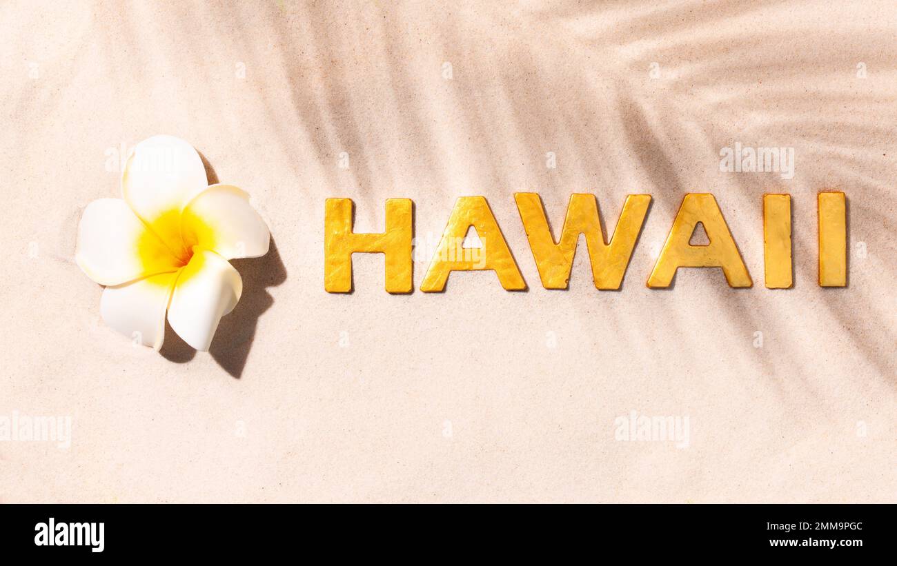 Hawaii - Plumeria fleur et inscription par des lettres dorées sur sable blanc Banque D'Images