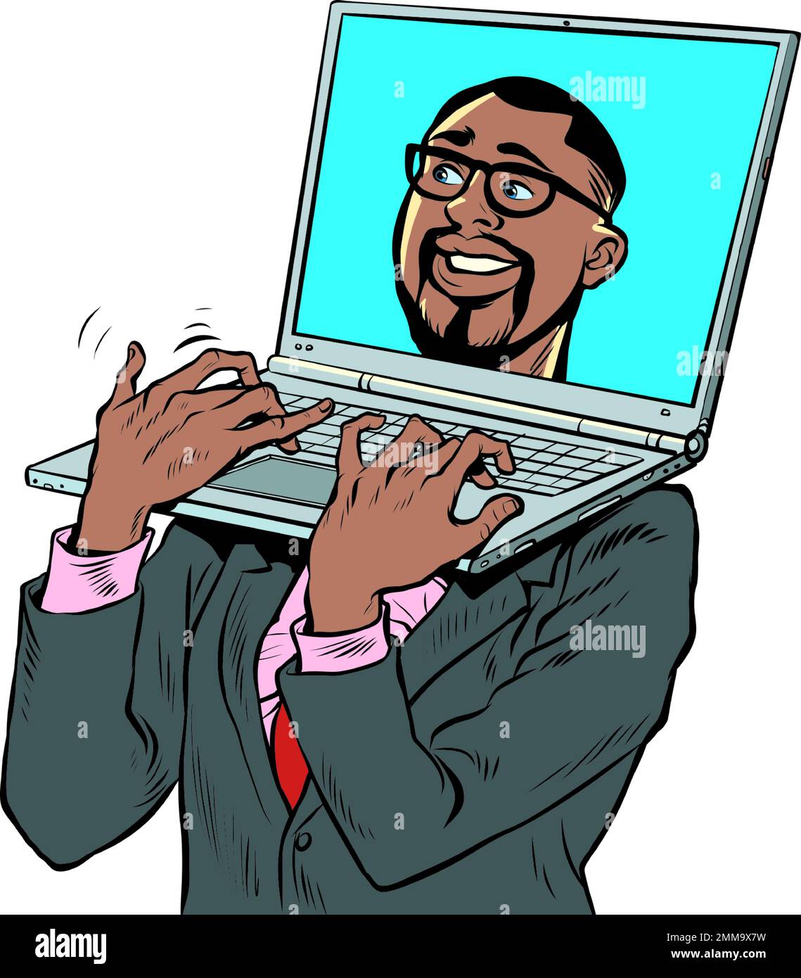 Pop art africain homme d'affaires américain avec ordinateur portable au lieu d'une tête. Appareil électronique transportant un ordinateur. Travail de bureau Illustration de Vecteur