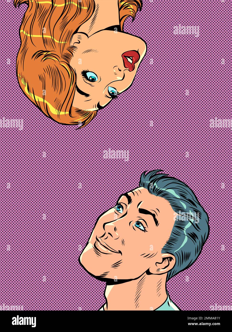 Pop art beau homme et femme regardent l'un l'autre avec surprise. Grande face. Couples amoureux Illustration de Vecteur