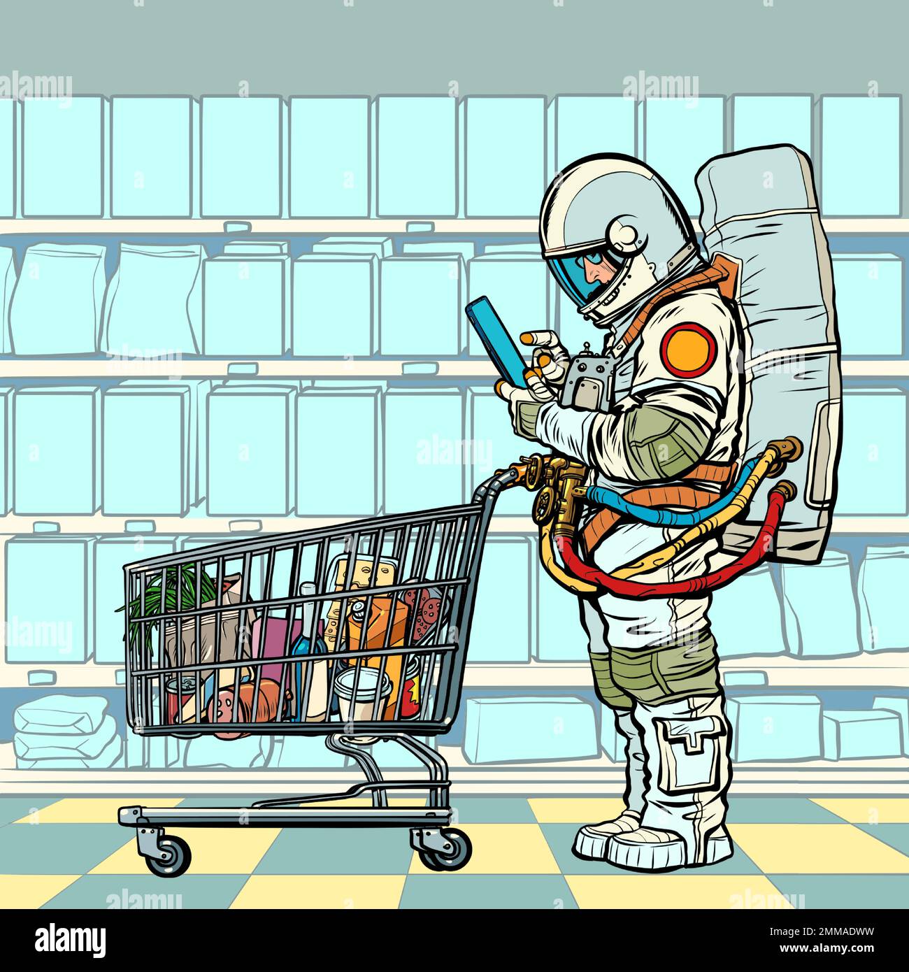 L'astronaute qui a un chariot d'épicerie dans le magasin regarde le téléphone. Sélection de produits en ligne. Commerce électronique Illustration de Vecteur