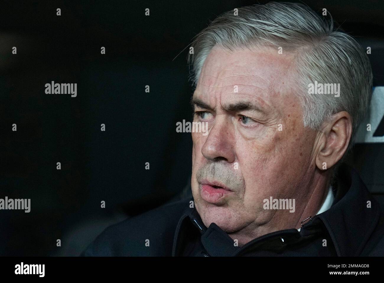 L'entraîneur-chef du Real Madrid Carlo Ancelotti au cours du match de la Liga entre le Real Madrid et la Real Sociedad a joué au stade Santiago Bernabeu sur 29 janvier 2023 à Madrid, en Espagne. (Photo de Colas Buera / PRESSIN) Banque D'Images