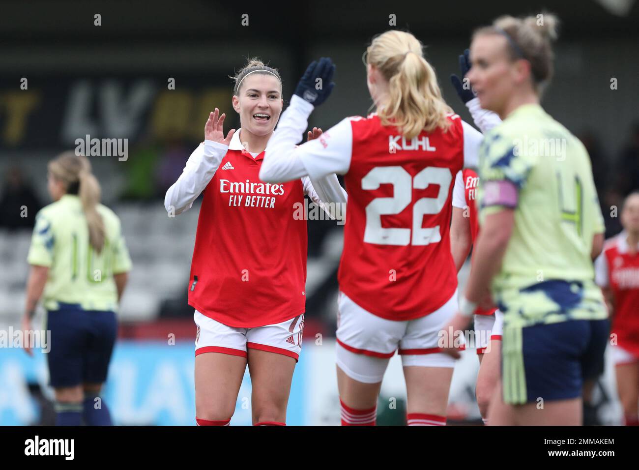 Borehamwood, Royaume-Uni. 29th janvier 2023. Kathrine Kuhl, d'Arsenal Women, célèbre le deuxième but d'Arsenal lors du match rond de la coupe féminine FA 4th entre Arsenal Women et Leeds Utd Women à Meadow Park, à Borehamwood, en Angleterre, le 29 janvier 2023. Photo de Joshua Smith. Utilisation éditoriale uniquement, licence requise pour une utilisation commerciale. Aucune utilisation dans les Paris, les jeux ou les publications d'un seul club/ligue/joueur. Crédit : UK Sports pics Ltd/Alay Live News Banque D'Images