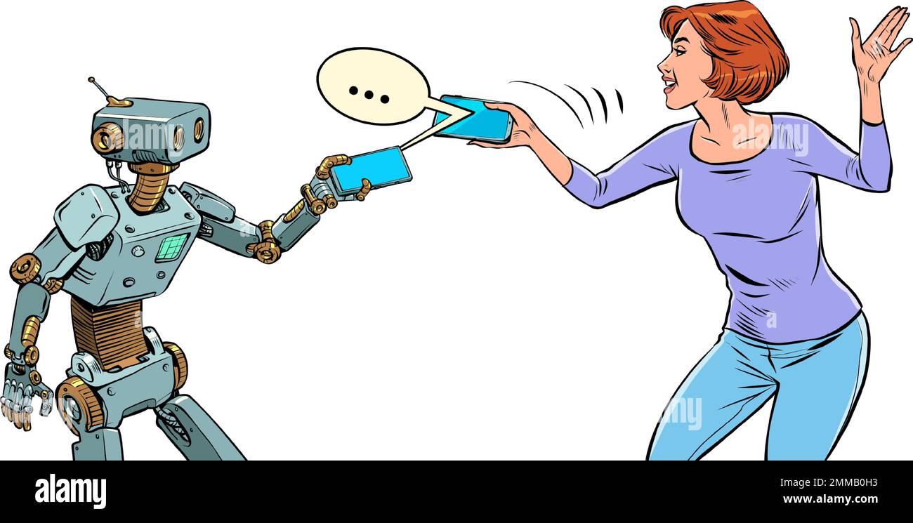 robot et femme communiquent dans un messager au téléphone Illustration de Vecteur