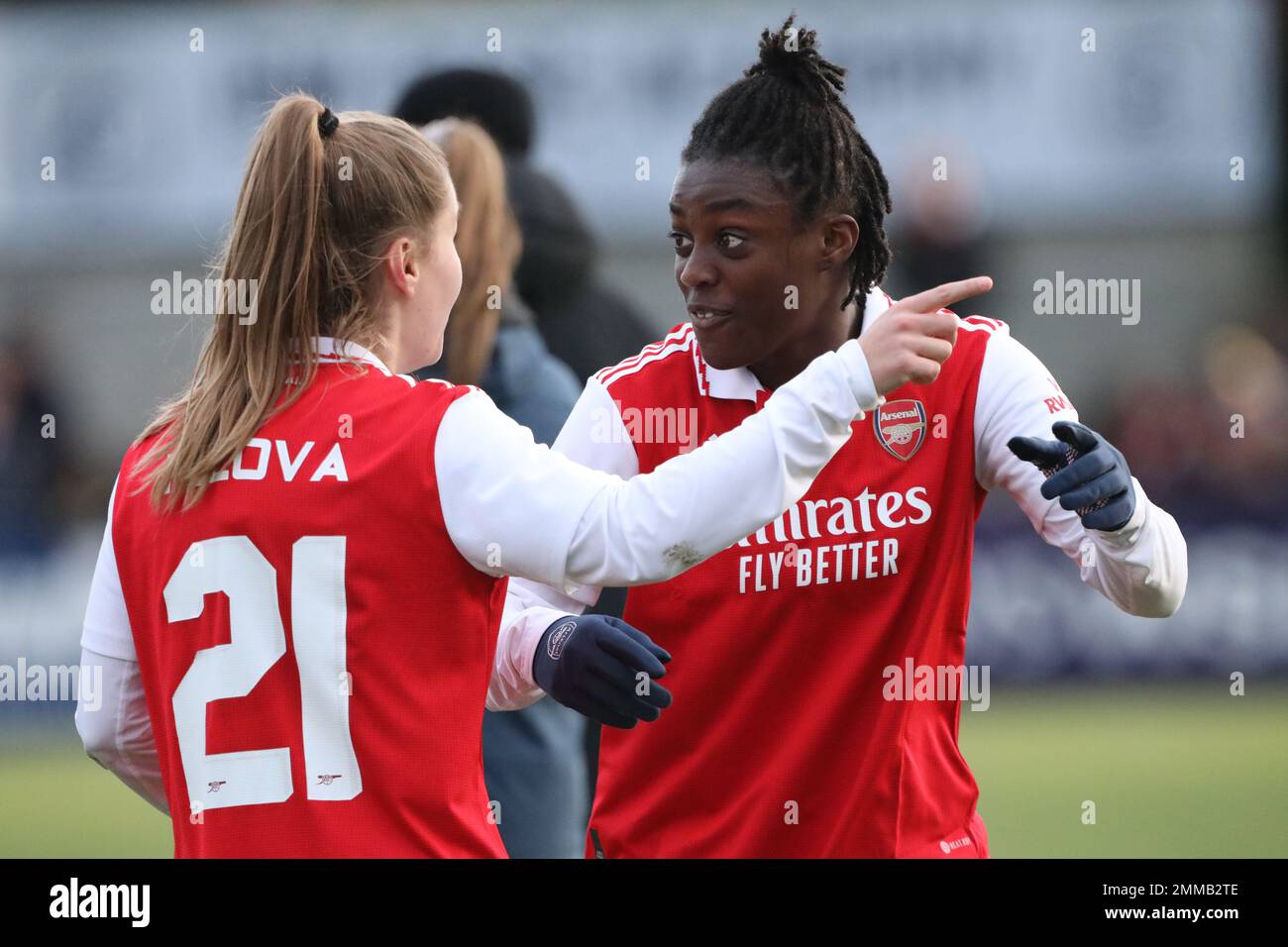 Borehamwood, Royaume-Uni. 29th janvier 2023. Victoria Pelova et Michelle Agyemang d'Arsenal Women après la coupe féminine 4th Round Match entre Arsenal Women et Leeds Utd Women à Meadow Park, Borehamwood, Angleterre, le 29 janvier 2023. Photo de Joshua Smith. Utilisation éditoriale uniquement, licence requise pour une utilisation commerciale. Aucune utilisation dans les Paris, les jeux ou les publications d'un seul club/ligue/joueur. Crédit : UK Sports pics Ltd/Alay Live News Banque D'Images