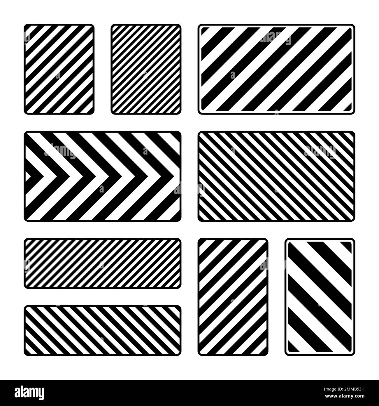 Divers panneaux d'avertissement noirs avec lignes diagonales. Panneau attention, danger ou attention, signalisation du chantier. Panneau de signalisation réaliste, avertissement Illustration de Vecteur