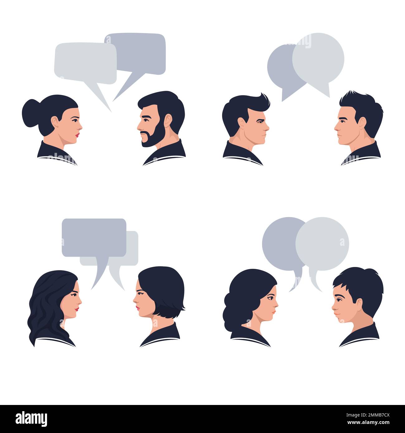 Parler des gens. Couple conversation, bulles de dialogue et avatars de chat portrait de profil parlent ensemble vecteur Illustration de Vecteur