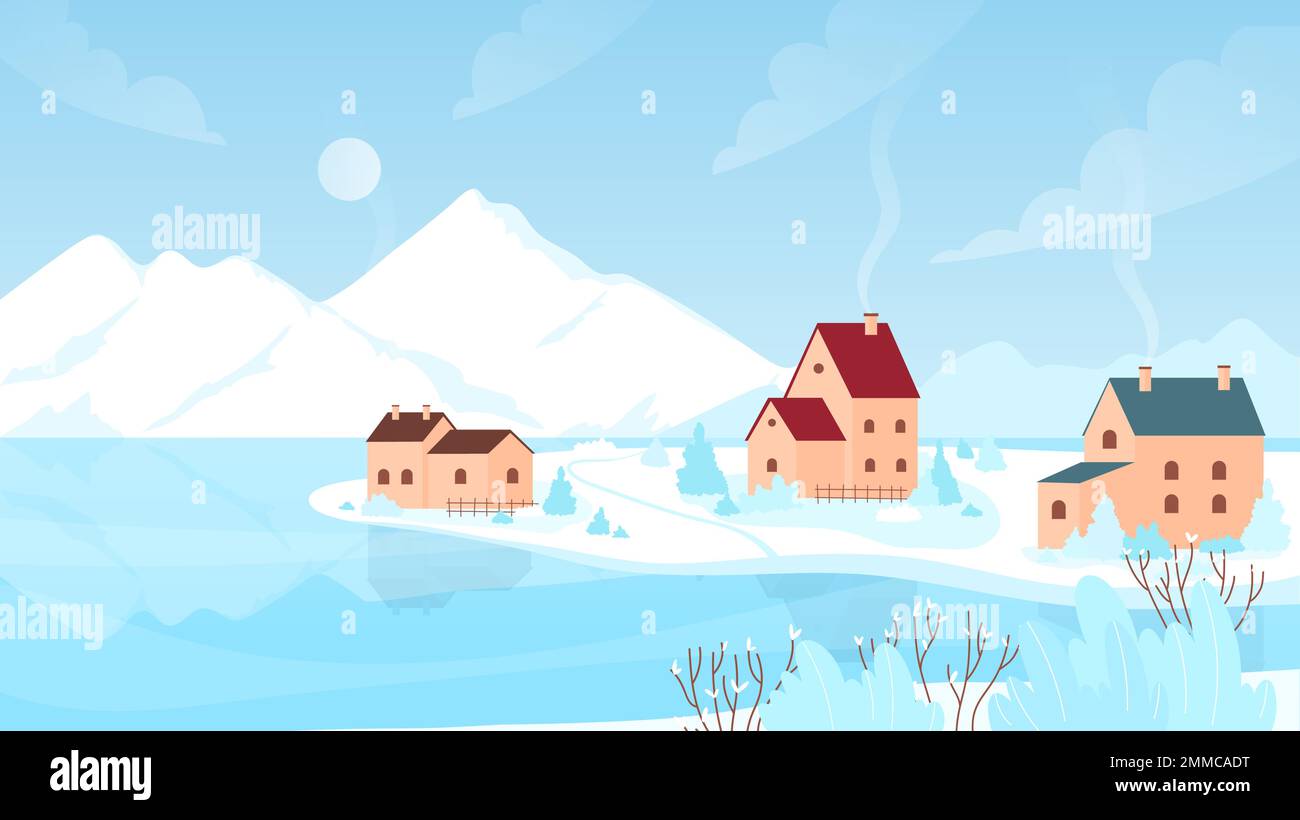 Illustration vectorielle paysage de village de neige d'hiver. Paysage de neige avec route vers les maisons de ferme et les arbres de jardin gelés, scène de campagne froide avec la nature et des cottages de la vallée européenne en hiver Illustration de Vecteur