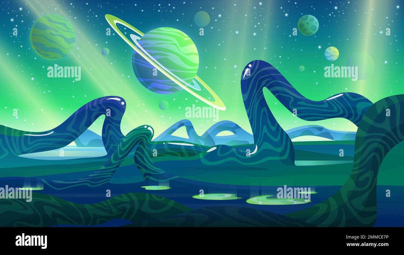 Illustration vectorielle paysage extraterrestre. Planète de dessin animé avec la magie verte et les courbes étranges de plantes monstres fantastiques sur le sol, Saturne et les étoiles dans le ciel et l'atmosphère effrayante, scène de fantasy extraterrestre monde Illustration de Vecteur