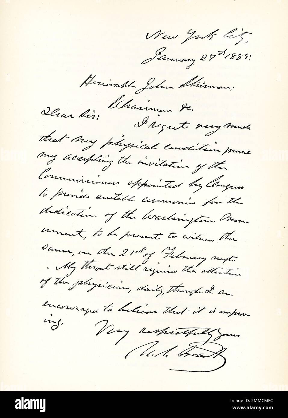 Cette image de 1892 montre une lettre de la subvention d'Ulysses datée de 27 janvier 1885 et signée par Grant. 18th Président des États-Unis la lettre se lit comme suit: «New York City, 27 janvier 1885. L'honorable John Sherman, président. Cher Monsieur, je regrette beaucoup que ma condition physique empêche mon acceptation de l'invitation de la Commission nommée par le Congrès de fournir des cérémonies appropriées pour l'inauguration du monument de Washington, d'être présent pour en témoigner, le 21st février prochain. Ma gorge nécessite encore l'attention du médecin, tous les jours, bien que je suis encouragé à croire à la tha Banque D'Images