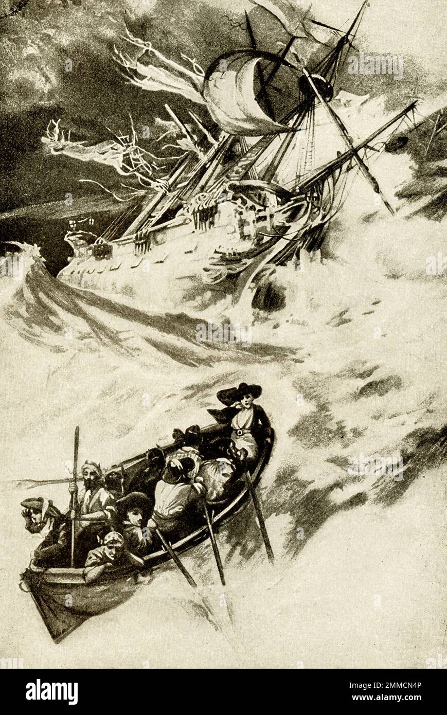 La légende de 1917 se lit comme suit : « Escape from the Shipwreck – Robinson Crusoe ». Robinson Crusoe est un roman écrit par le romancier anglais Daniel Devoe et publié en 1719. Une autobiographie fictive, elle raconte l'histoire d'une castaway anglaise nommée Robinson Crusoe (vue ici s'échappant du naufrage) qui a passé 28 ans sur une île tropicale éloignée près du Venezuela avant d'être sauvé. Banque D'Images