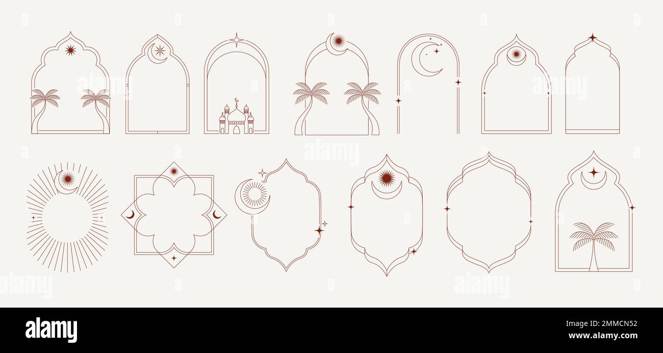 Collection de fenêtres et d'arches islamiques de style linéaire minimaliste au design boho moderne, lune, dôme de mosquée et lanternes. Illustrations minimalistes Illustration de Vecteur