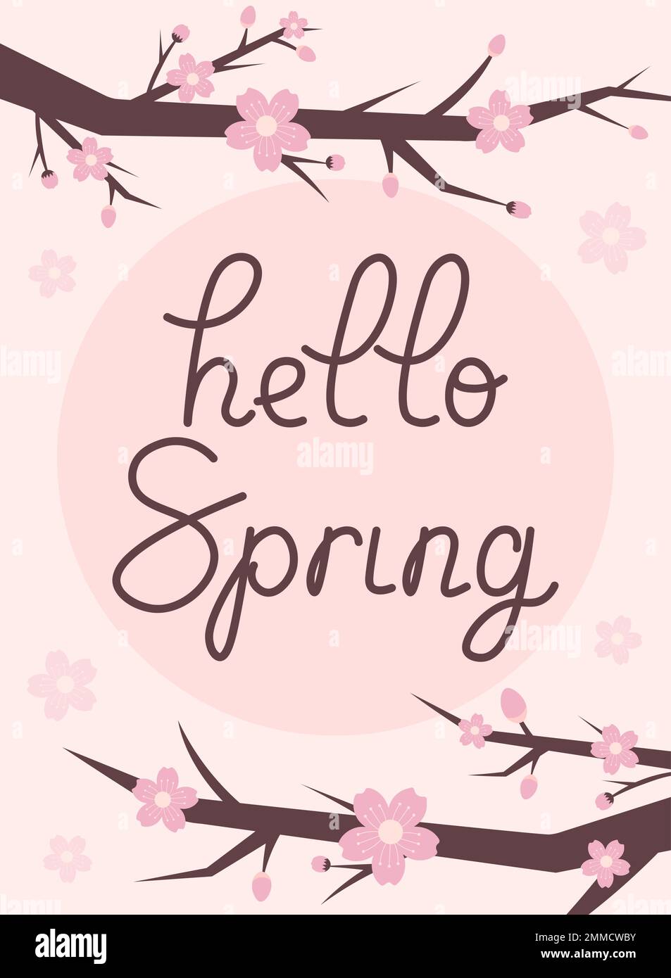 Carte de poscard ou bannière Hello Spring lettering avec illustration vectorielle Cherry Blossom de style plat Illustration de Vecteur