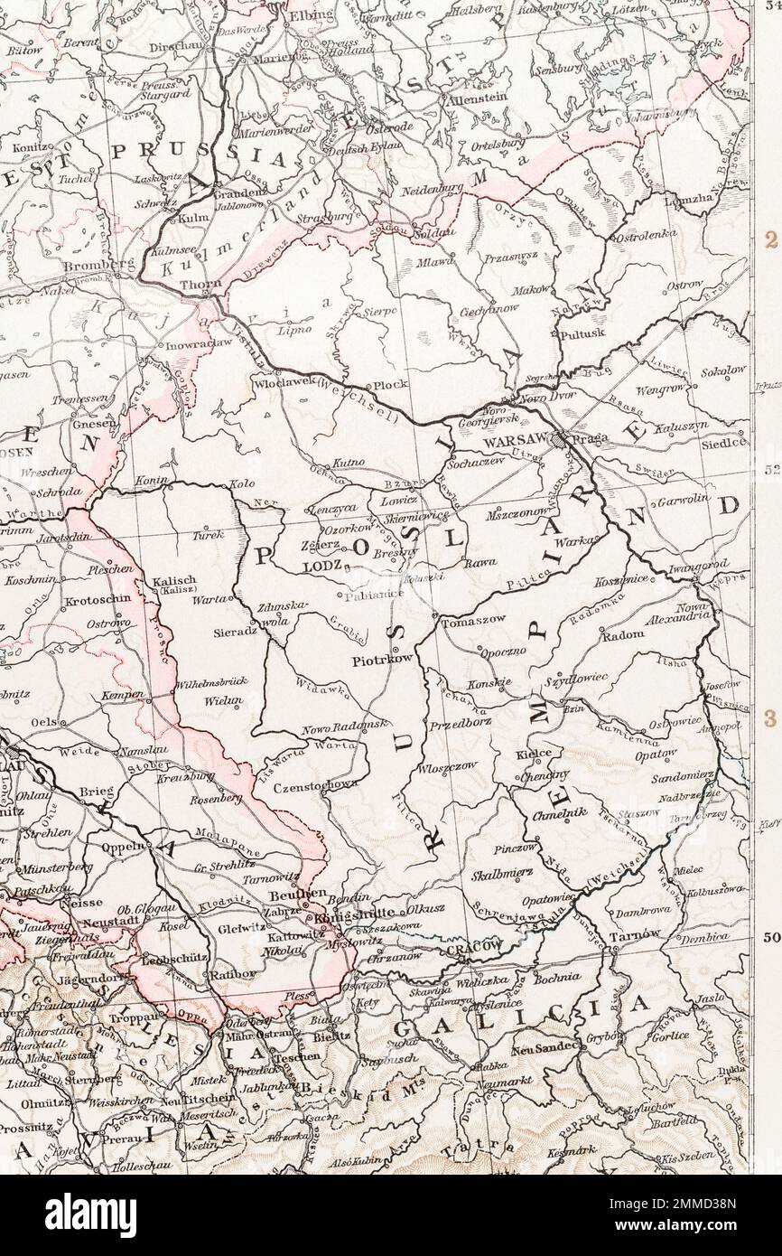 1896 carte Atlas de la Pologne en Europe avant WW1, et en relation avec l'empire Autriche-Hongrie. Aussi avant l'époque de la Pologne soviétique. Banque D'Images