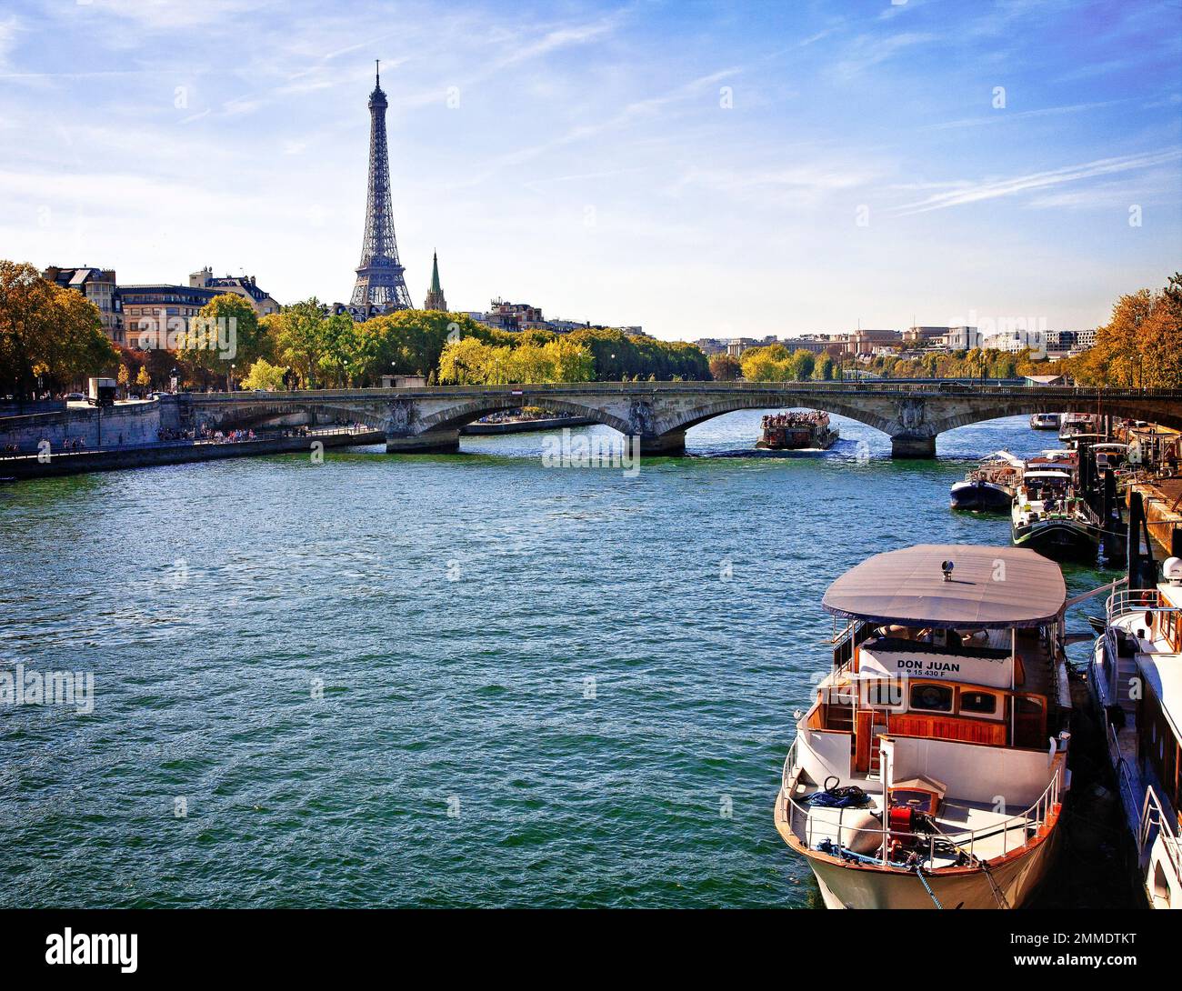La Tour Eiffel domine la ligne d'horizon de Paris, vue de loin le long de la Seine. Banque D'Images