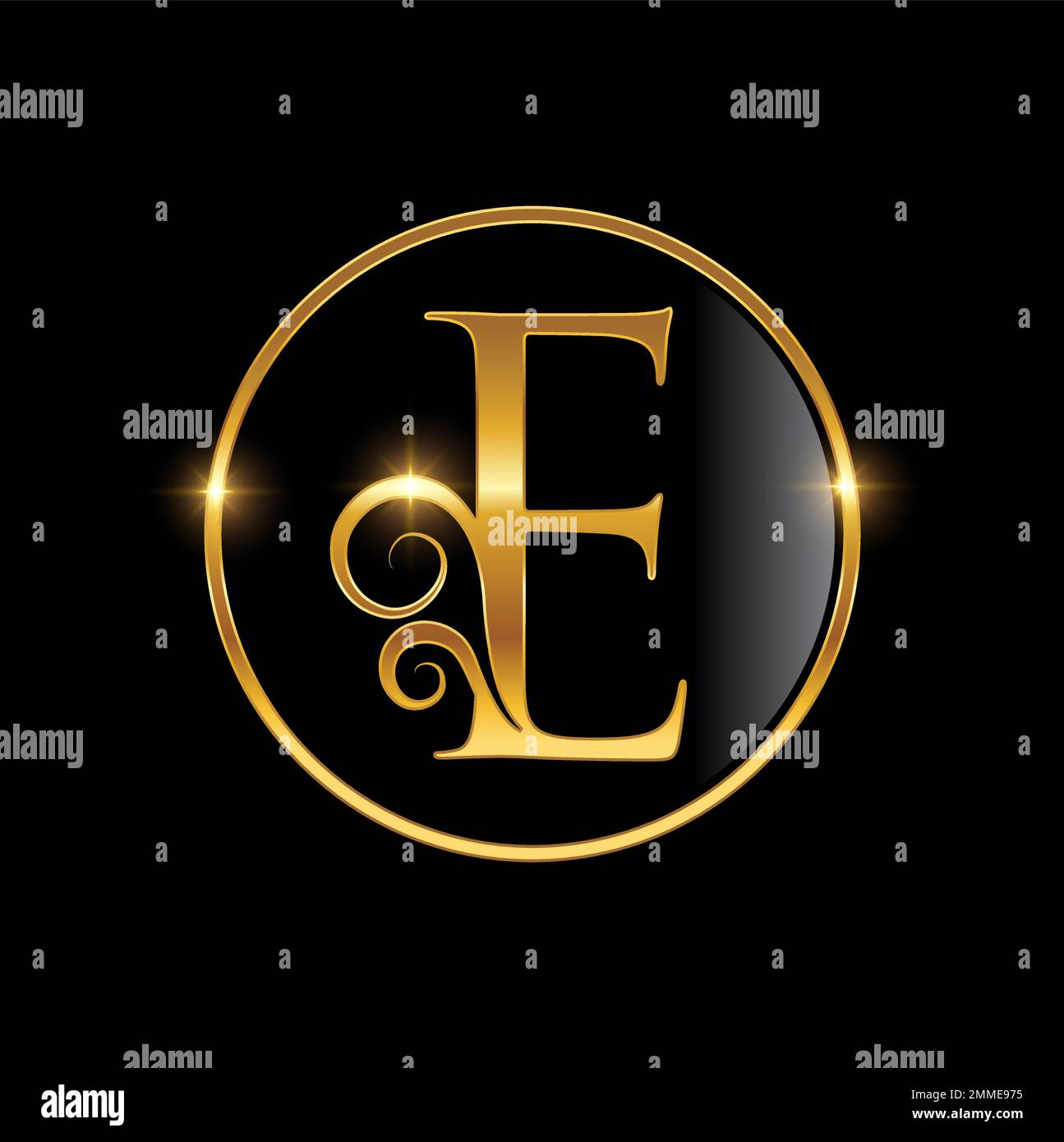 Une illustration vectorielle du logo Monogram de luxe cursif doré lettre initiale E dans un bacille noir à effet brillant doré Illustration de Vecteur
