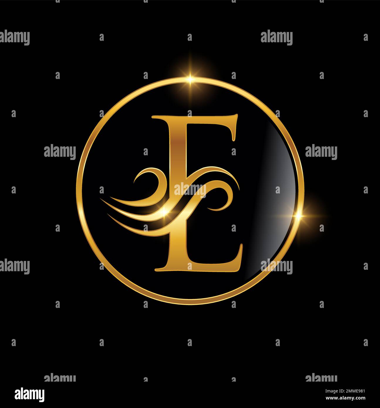 Une illustration vectorielle du logo Monogram de luxe cursif doré lettre initiale E dans un bacille noir à effet brillant doré Illustration de Vecteur