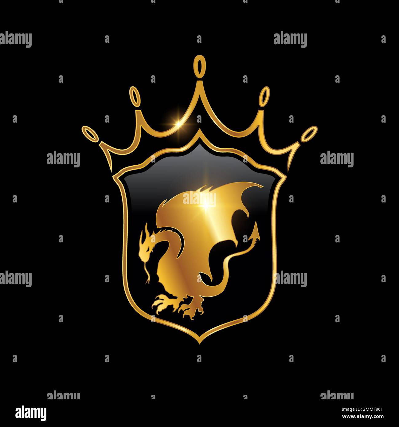 Illustration vectorielle du Dragon et du Bouclier héraldiques d'or, fond noir, effet brillant doré Illustration de Vecteur
