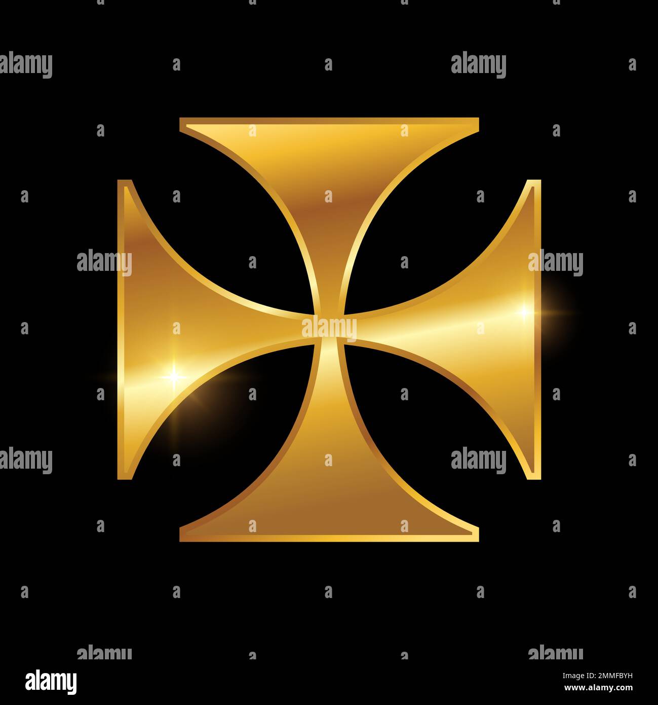 Golden Maltais Cross logo symbole illustration vectorielle sur fond noir avec effet brillant or Illustration de Vecteur