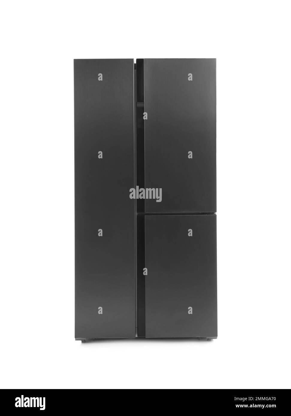 Réfrigérateur moderne en acier inoxydable isolé sur blanc Banque D'Images