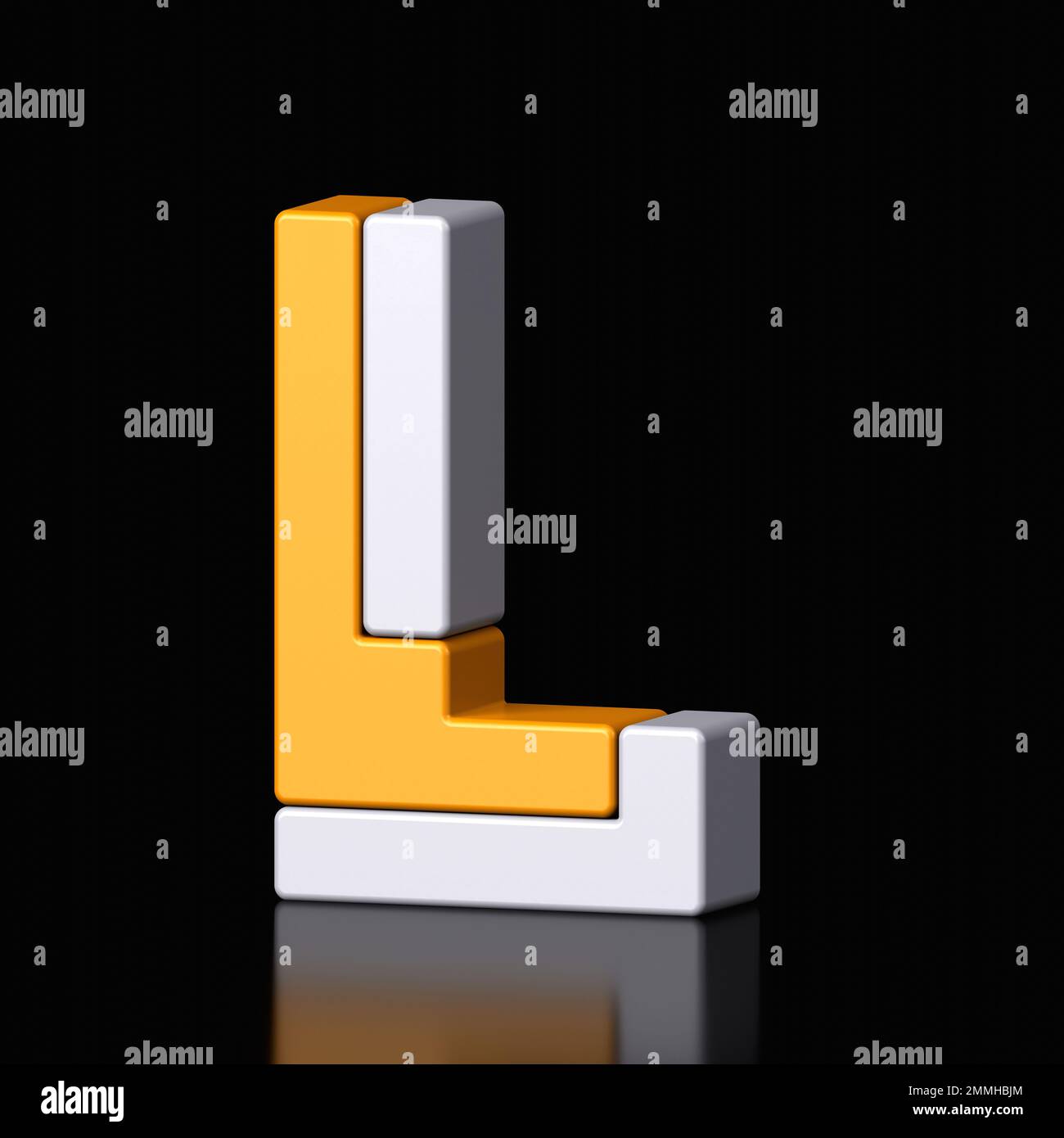 3D lettres L plastique orange et blanc de l'alphabet isolé sur fond noir. Illustration de la conception de caractères métalliques haute technologie, texte minimal s. Banque D'Images