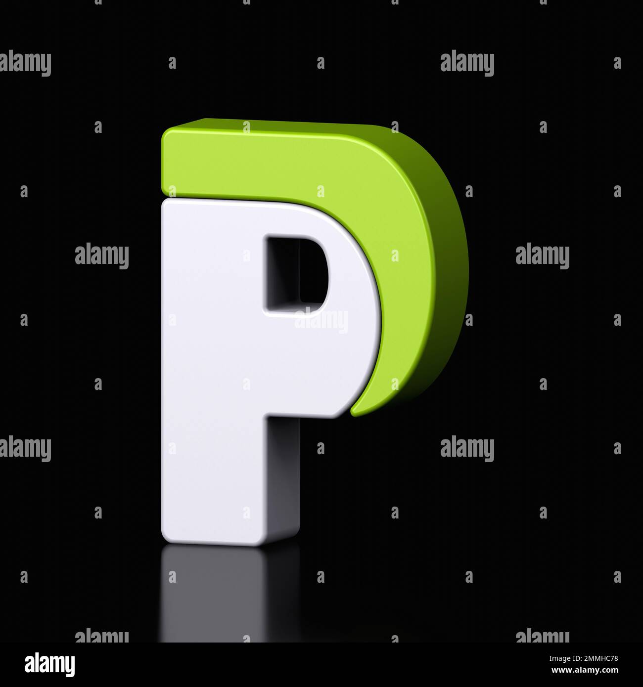 3D lettres P plastique vert clair et blanc de l'alphabet isolé dans un fond noir. Illustration de la conception de caractères métalliques haute technologie, texte mini Banque D'Images