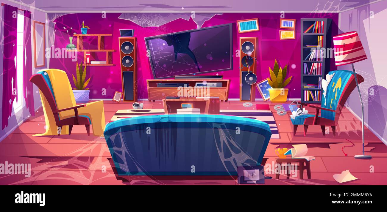 Vieux salon sale avec TV et mobilier cassés. Intérieur de maison désordonné abandonné avec canapé, chaises, étagère, rideaux déchirés, fissures dans le plancher, illustration de bande dessinée vectorisée et de bande-support Illustration de Vecteur
