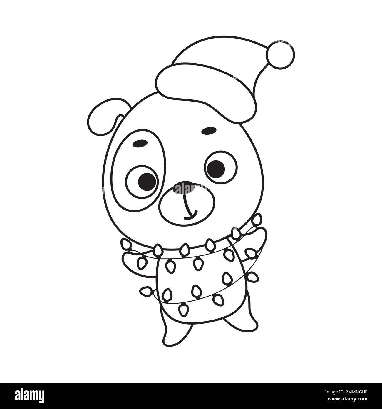 Page de coloriage joli chien de Noël avec guirlande. Livre de coloriage 