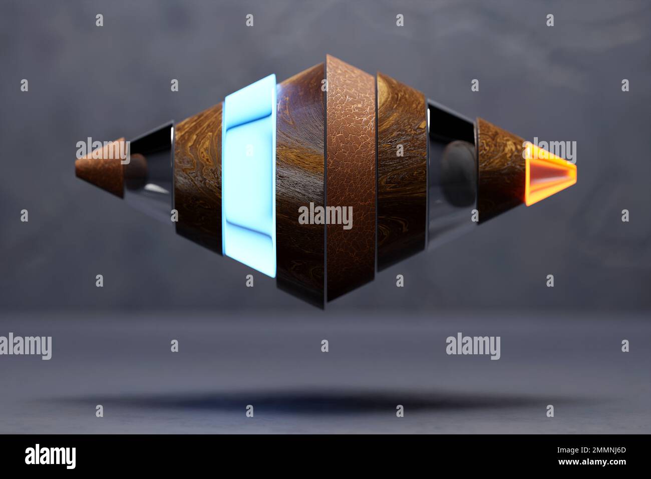 3d illustration d'un octaèdre en bois sur fond bleu . 3d rendu. Arrière-plan de la géométrie du minimalisme Banque D'Images