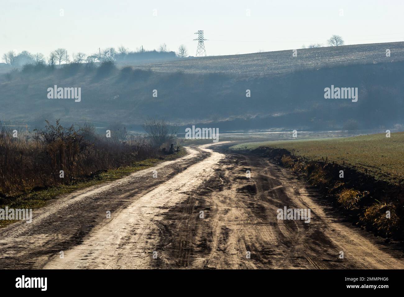 Voiture sur la route dans le brouillard. Paysage d'automne. Banque D'Images