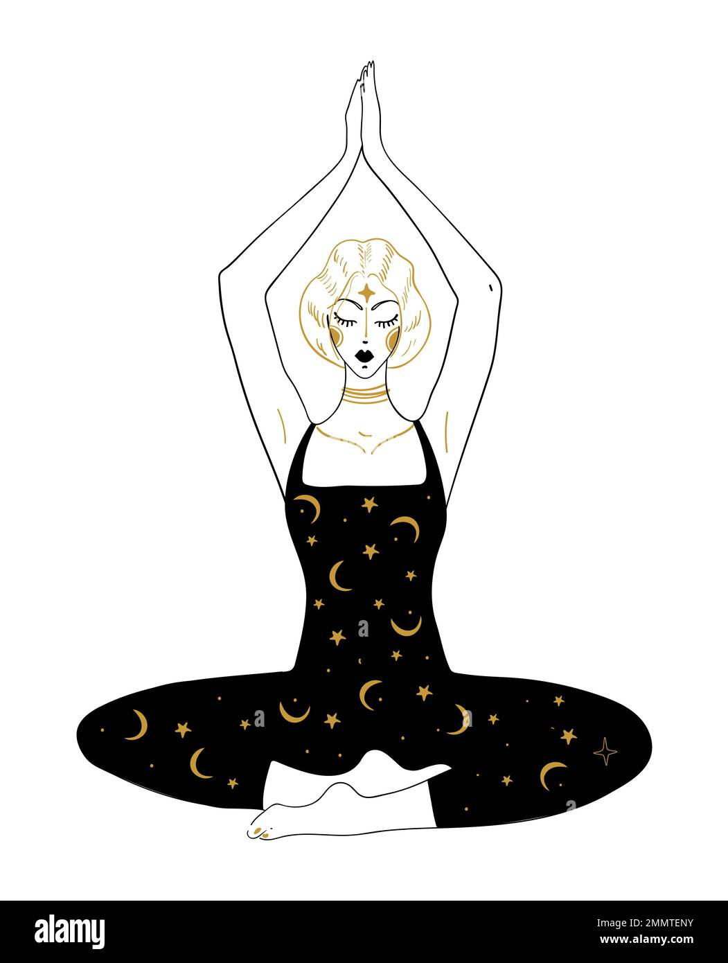Fille faisant le yoga en position de lotus, méditant la femme mystique, concept d'équilibre, illustration vectorielle moderne isolée sur fond blanc. Tatouage magique Illustration de Vecteur