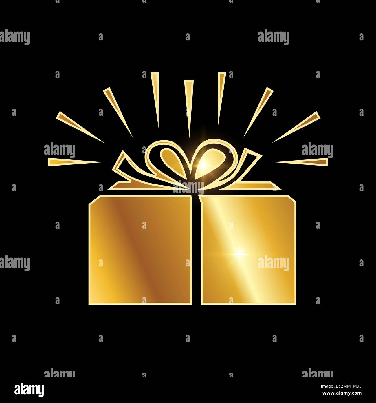 Illustration de l'icône Golden surprise Gift Box sur fond noir avec effet brillant doré Illustration de Vecteur