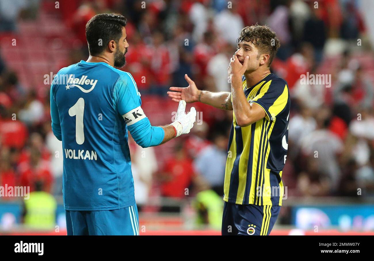 Fenerbahce's Roman Neustadter, right, and Fenerbahce goalkeeper Volkan Demirel react at the end of the Champions League third qualifying round, first leg, soccer match between Benfica and Fenerbahce at the Luz stadium in Lisbon, Tuesday, Aug. 7, 2018. (AP Photo/Armando Franca) Banque D'Images