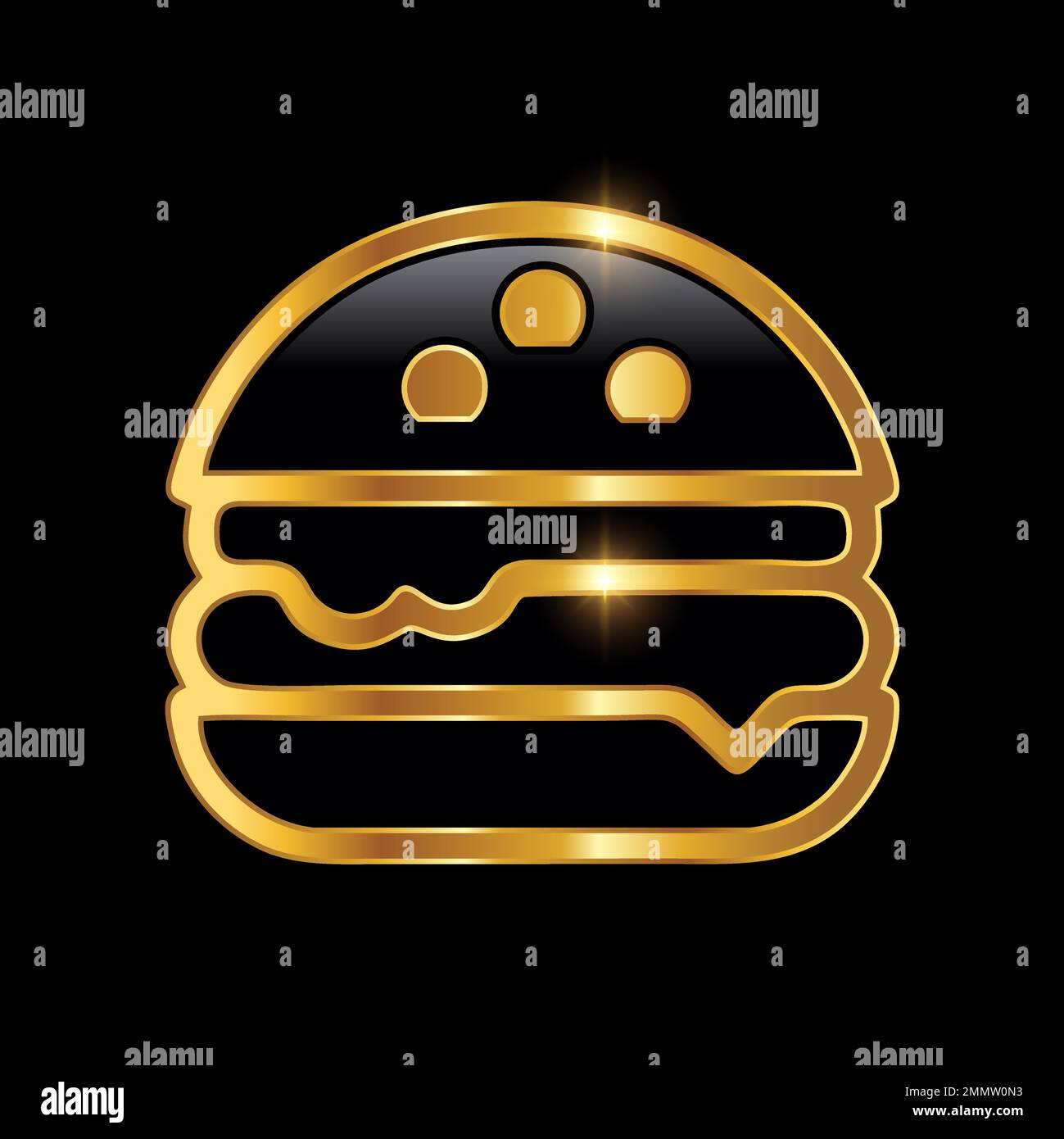 Golden Luxury Burger Vector Sign Illustration sur fond noir avec effet brillant doré Illustration de Vecteur