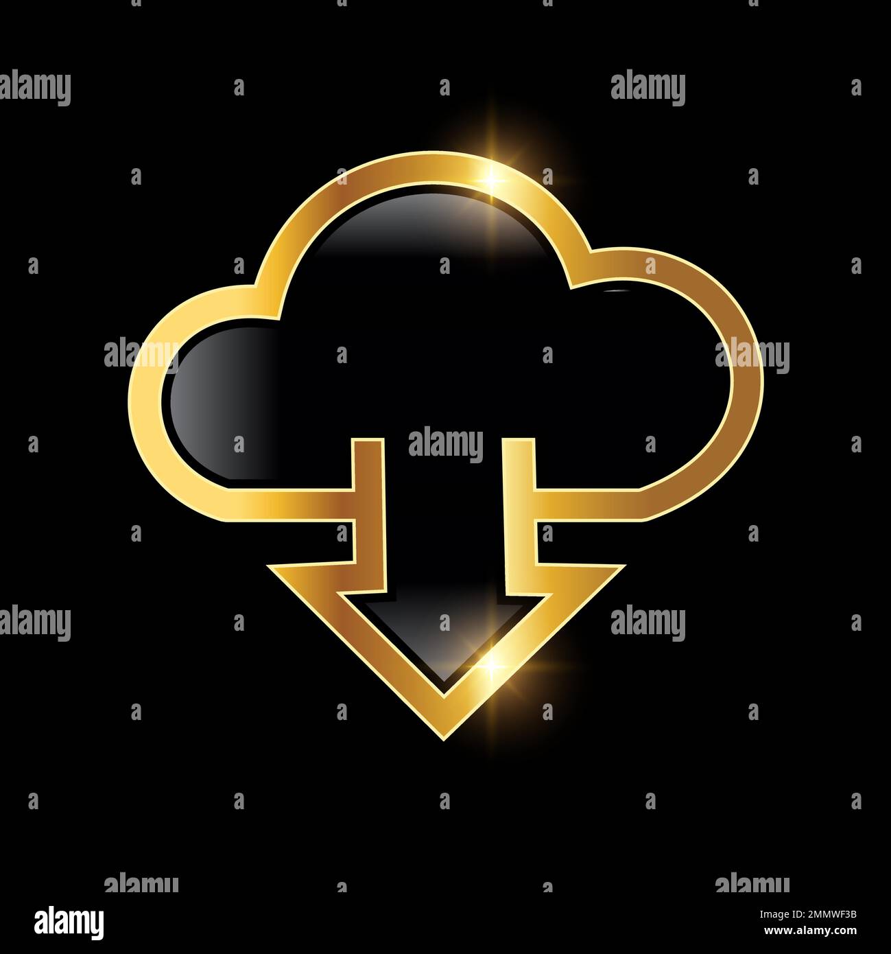Illustration vectorielle de l'icône Golden Download Cloud Vector sur fond noir avec effet brillant doré Illustration de Vecteur