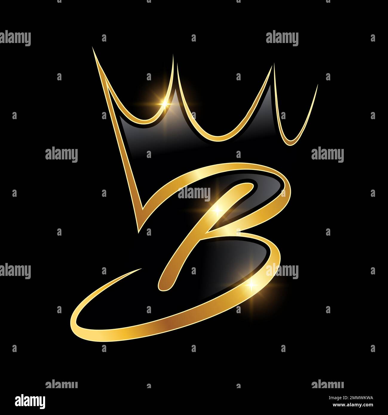 Un vecteur Illustration sur fond noir avec effet brillant or du monogramme doré logo de la couronne lettre initiale B Illustration de Vecteur
