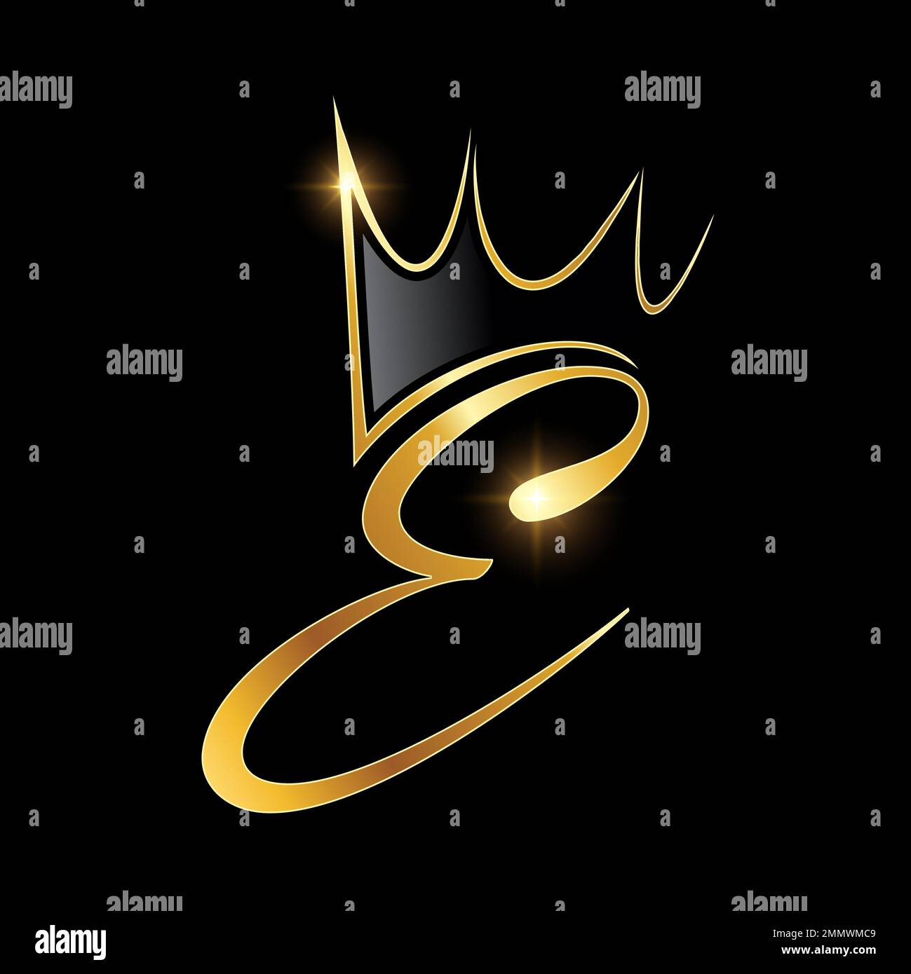 Une illustration vectorielle sur fond noir avec effet brillant or du monogramme doré logo de la couronne lettre initiale E Illustration de Vecteur